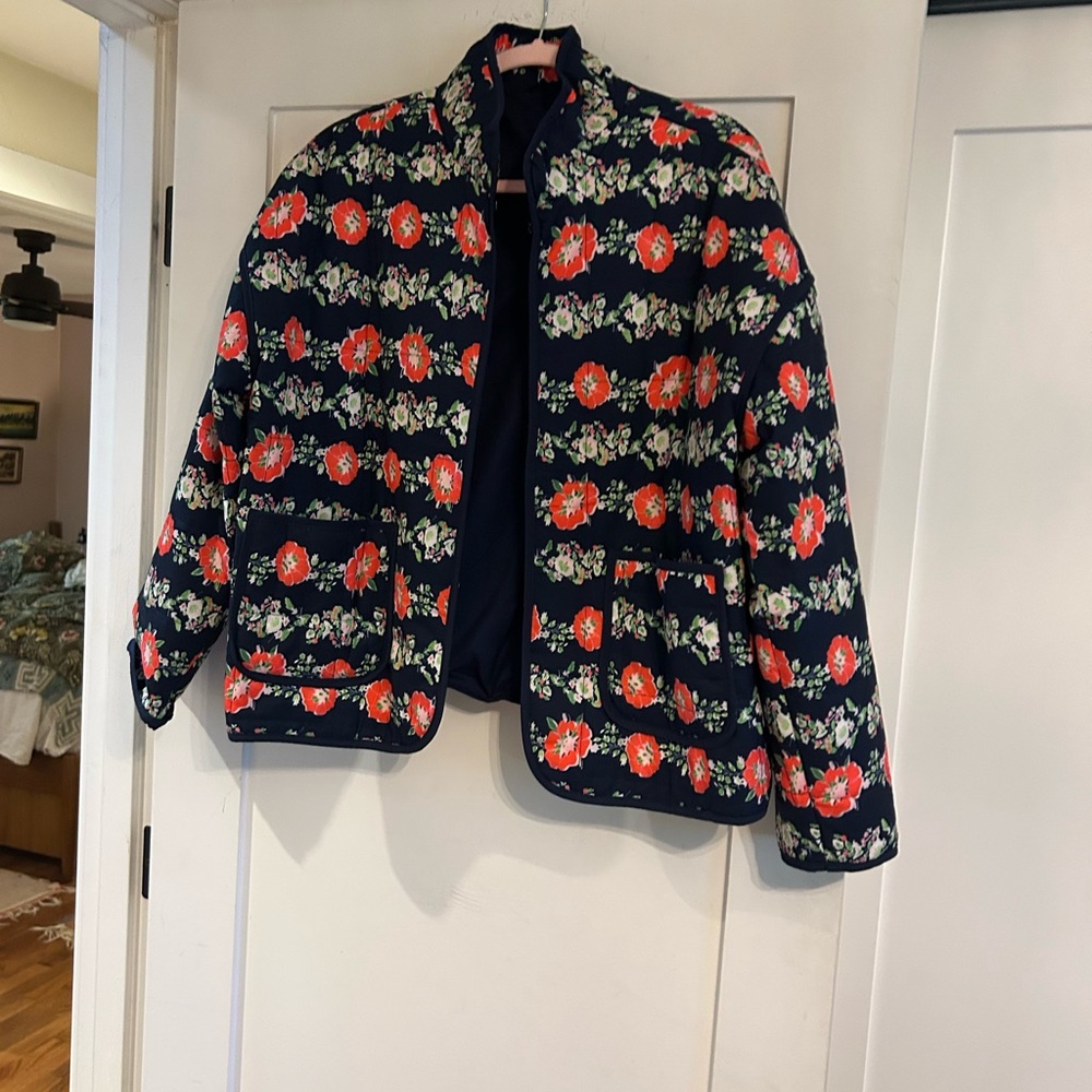 FA Navy Quilted Jacket with Red Floral Print